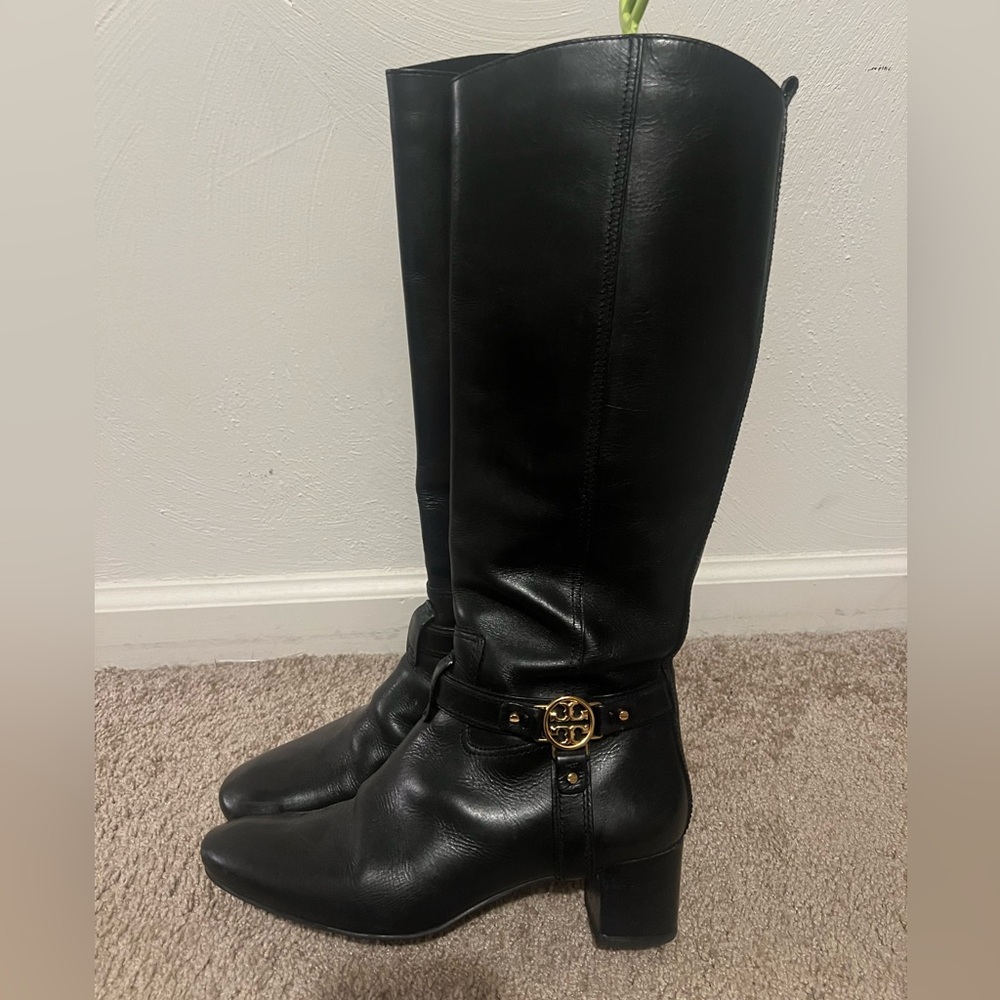 Tory Burch Black Over the Knee Boots with Gold Detail